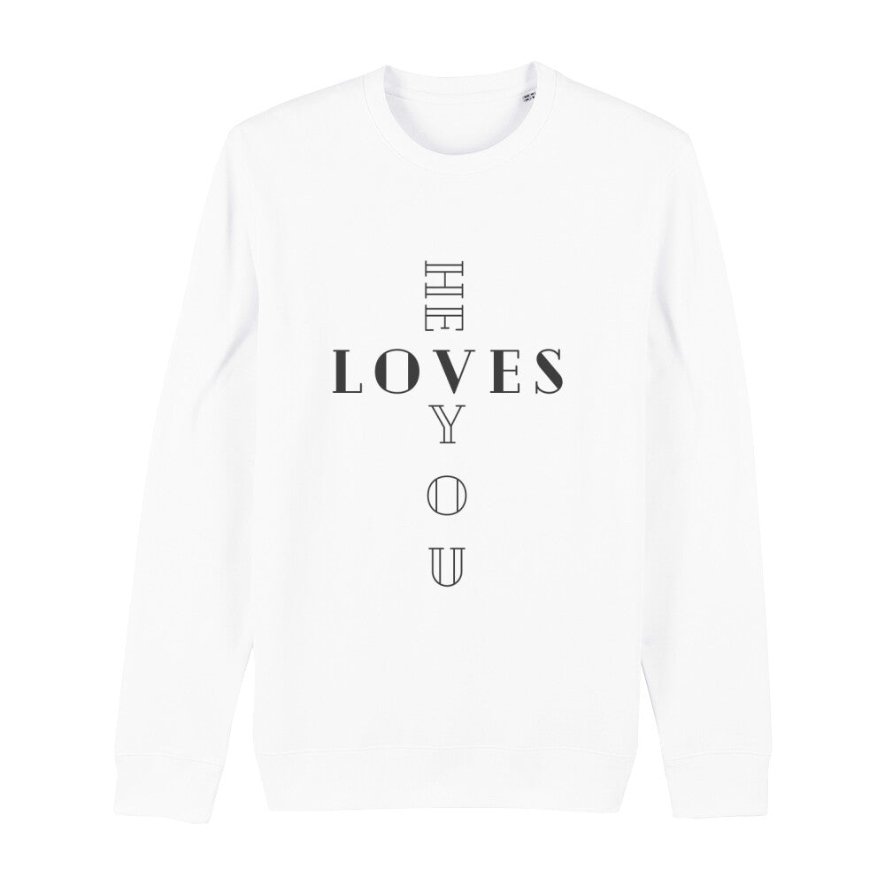 christliches Sweatshirt mit einem Unisex-Schnitt in weiß aus Bio-Baumwolle "he LOVES you" aus unserer he... Kollektion. Erhältlich in den Größen XS bis XXL