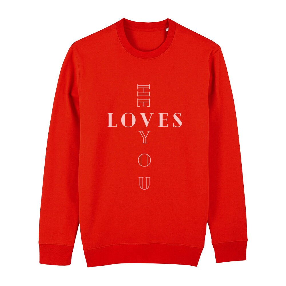 christliches Sweatshirt mit einem Unisex-Schnitt in feuerrot aus Bio-Baumwolle "he LOVES you" aus unserer he... Kollektion. Erhältlich in den Größen XS bis XXL