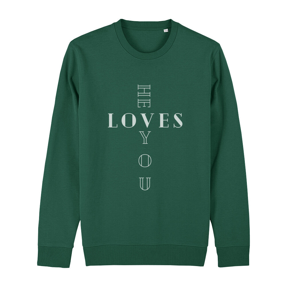 christliches Sweatshirt mit einem Unisex-Schnitt in dunkelgrün aus Bio-Baumwolle "he LOVES you" aus unserer he... Kollektion. Erhältlich in den Größen XS bis XXL