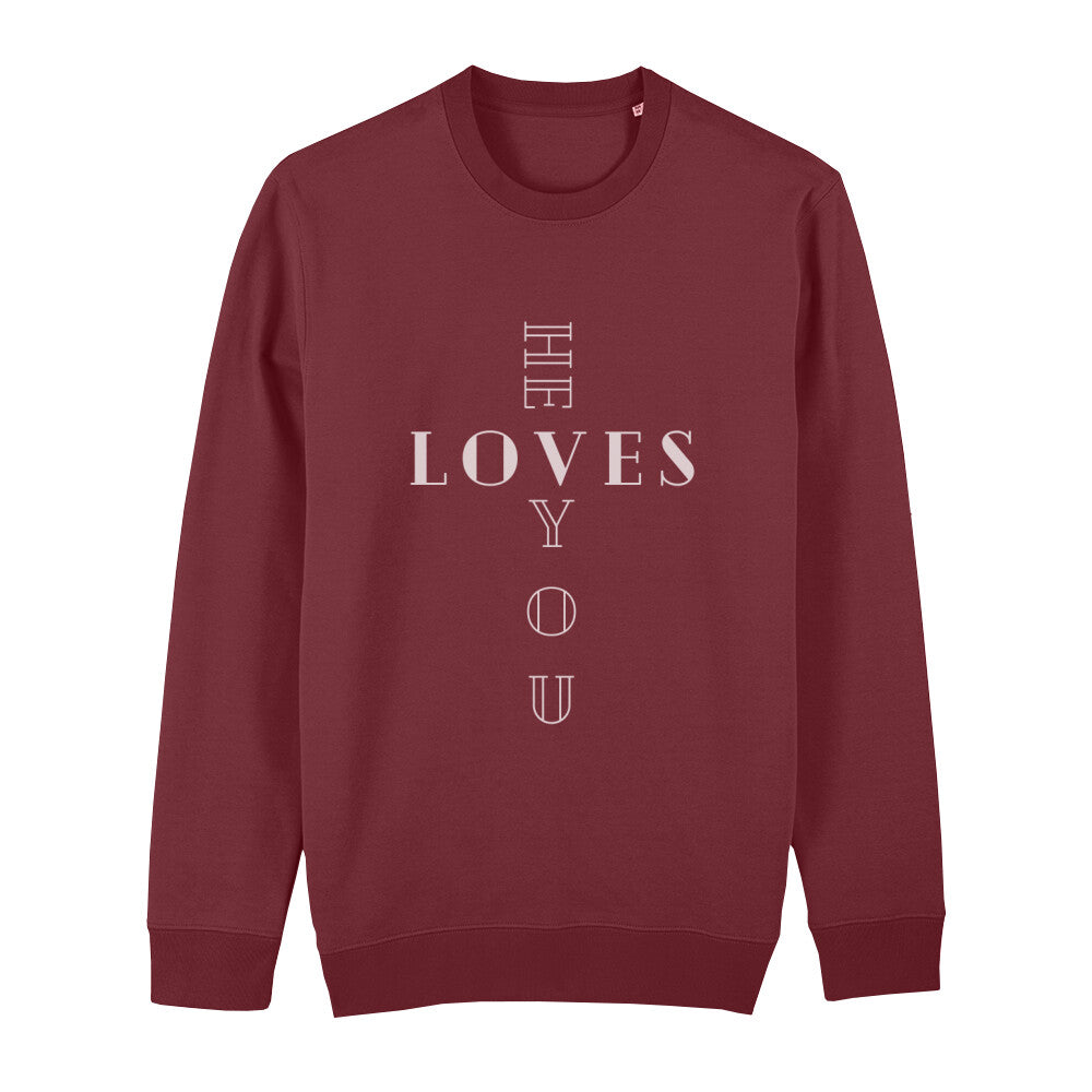 christliches Sweatshirt mit einem Unisex-Schnitt in dunkelrot aus Bio-Baumwolle "he LOVES you" aus unserer he... Kollektion. Erhältlich in den Größen XS bis XXL