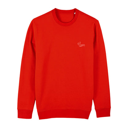 christliches Sweatshirt mit einem Unisex-Schnitt in feuerrot aus Bio-Baumwolle rechts minimalistisch auf der Brust ein Herz mit einem Kreuz. Erhältlich in den Größen XS bis XXL