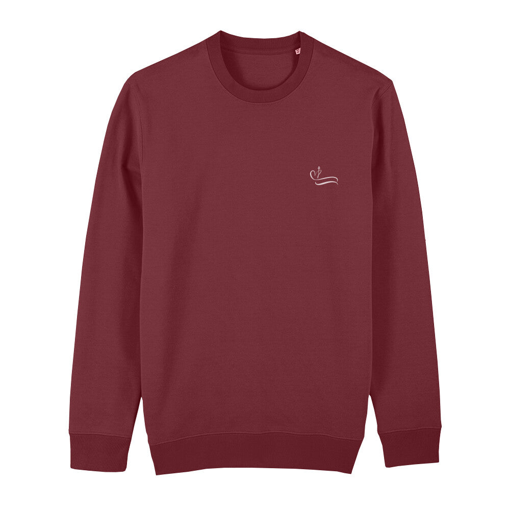 christliches Sweatshirt mit einem Unisex-Schnitt in dunkelrot aus Bio-Baumwolle rechts minimalistisch auf der Brust ein Herz mit einem Kreuz. Erhältlich in den Größen XS bis XXL