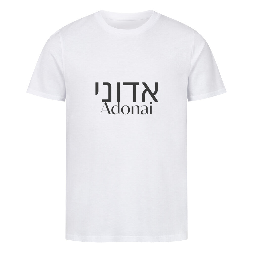 christliches T-Shirt mit einem Unisex-Schnitt in weiß aus 100 % Bio-Baumwolle auf der Vorderseite mittig auf der Brust "Adonai" und darüber Adoani in hebräisch. Erhältlich in den Größen S bis 4XL