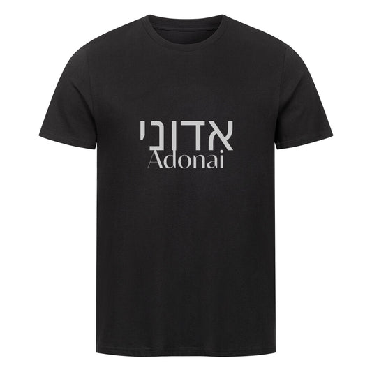 christliches T-Shirt mit einem Unisex-Schnitt in schwarz aus 100 % Bio-Baumwolle auf der Vorderseite mittig auf der Brust "Adonai" und darüber Adoani in hebräisch. Erhältlich in den Größen S bis 4XL