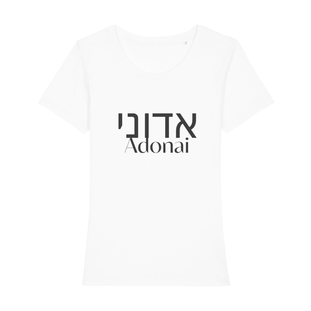 christliches T-Shirt mit einem Frauen-Schnitt in weiß aus 100 % Bio-Baumwolle mittig auf der Brust "Adonai" und darüber Adoani in hebräisch. Erhältlich in den Größen XS bis XXL