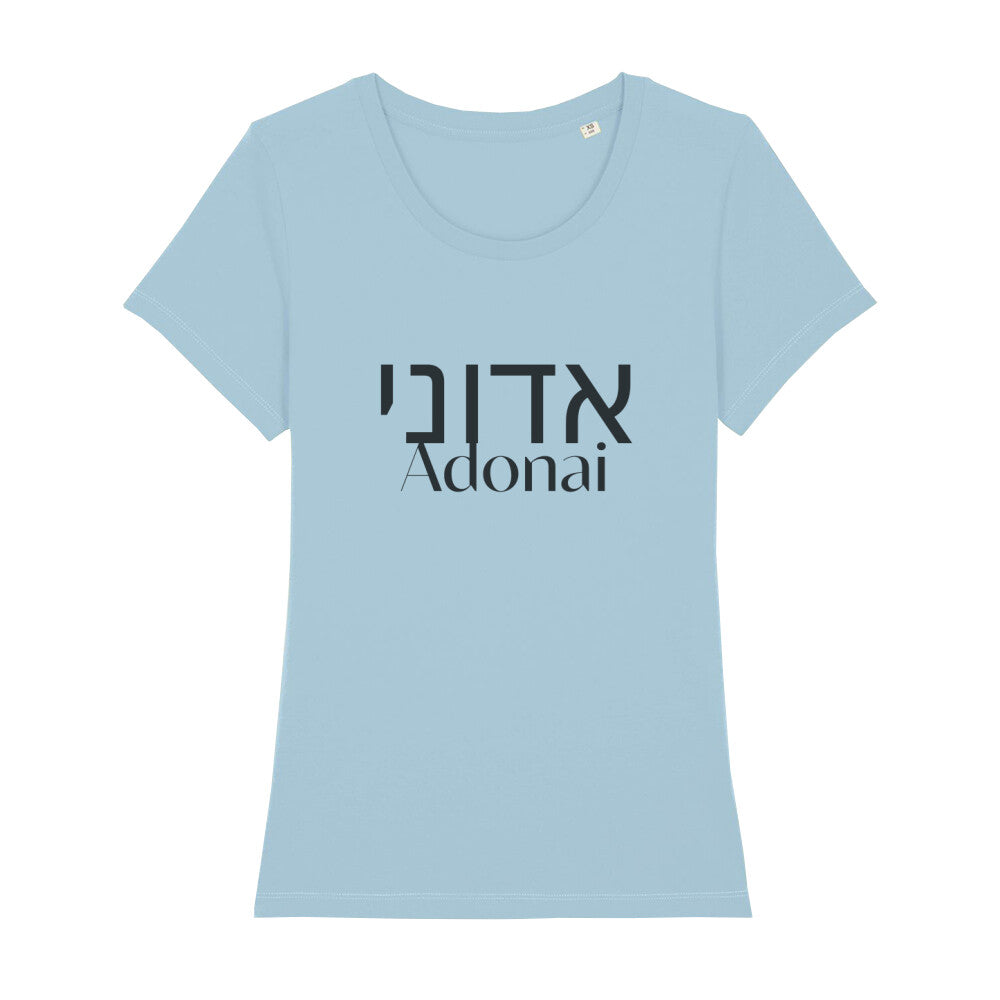 christliches T-Shirt mit einem Frauen-Schnitt in hellblau aus 100 % Bio-Baumwolle mittig auf der Brust "Adonai" und darüber Adoani in hebräisch. Erhältlich in den Größen XS bis XXL