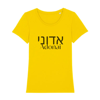 christliches T-Shirt mit einem Frauen-Schnitt in gelb aus 100 % Bio-Baumwolle mittig auf der Brust "Adonai" und darüber Adoani in hebräisch. Erhältlich in den Größen XS bis XXL