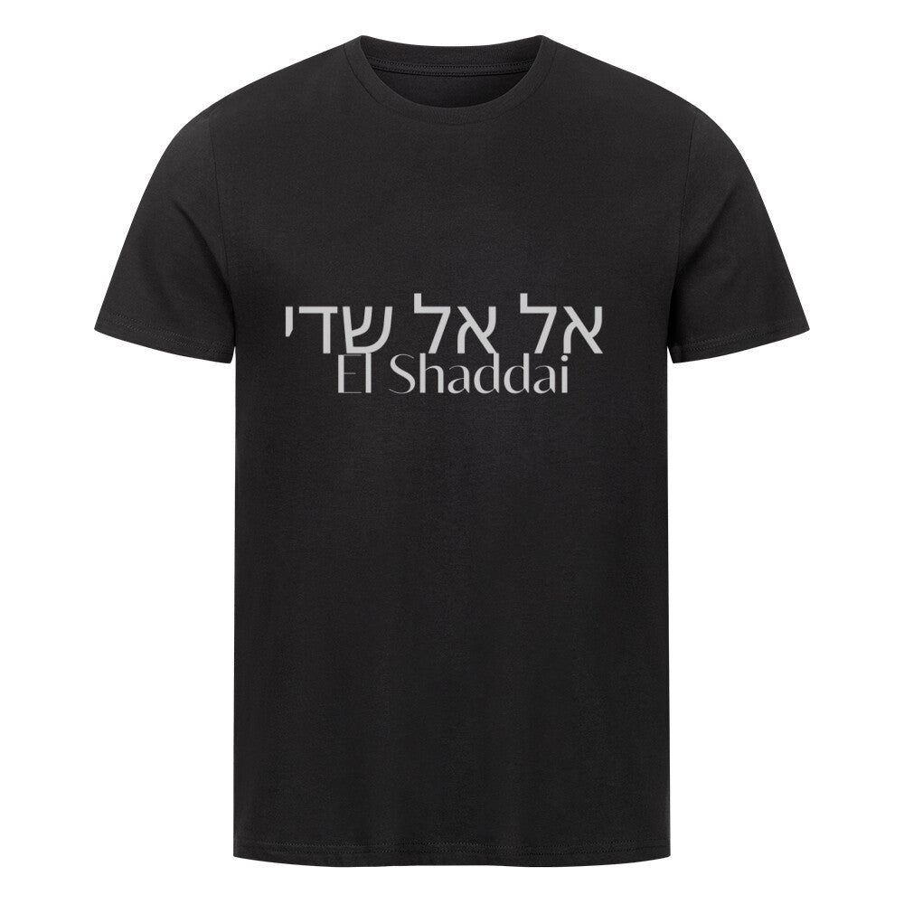 christliches T-Shirt mit einem Unisex-Schnitt in schwarz aus 100 % Bio-Baumwolle auf der Vorderseite mittig auf der Brust "El Shaddai" und darüber El Shaddai in hebräisch. Erhältlich in den Größen S bis 4XL