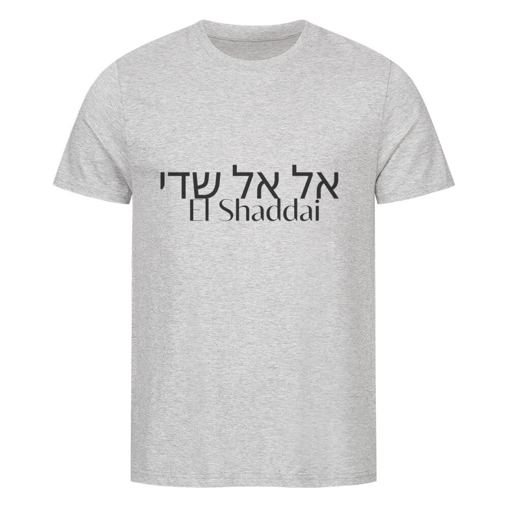 christliches T-Shirt mit einem Unisex-Schnitt in grau aus 100 % Bio-Baumwolle auf der Vorderseite mittig auf der Brust "El Shaddai" und darüber El Shaddai in hebräisch. Erhältlich in den Größen S bis XXL