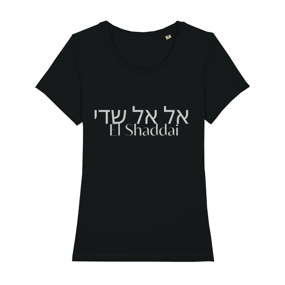 christliches T-Shirt mit einem Frauen-Schnitt in schwarz aus 100 % Bio-Baumwolle mittig auf der Brust "El Shaddai" und darüber El Shaddai in hebräisch. Erhältlich in den Größen XS bis XXL