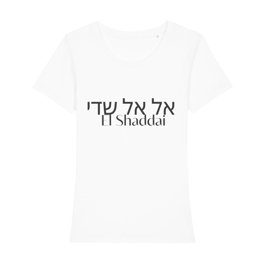 christliches T-Shirt mit einem Frauen-Schnitt in wieß aus 100 % Bio-Baumwolle mittig auf der Brust "El Shaddai" und darüber El Shaddai in hebräisch. Erhältlich in den Größen XS bis XXL