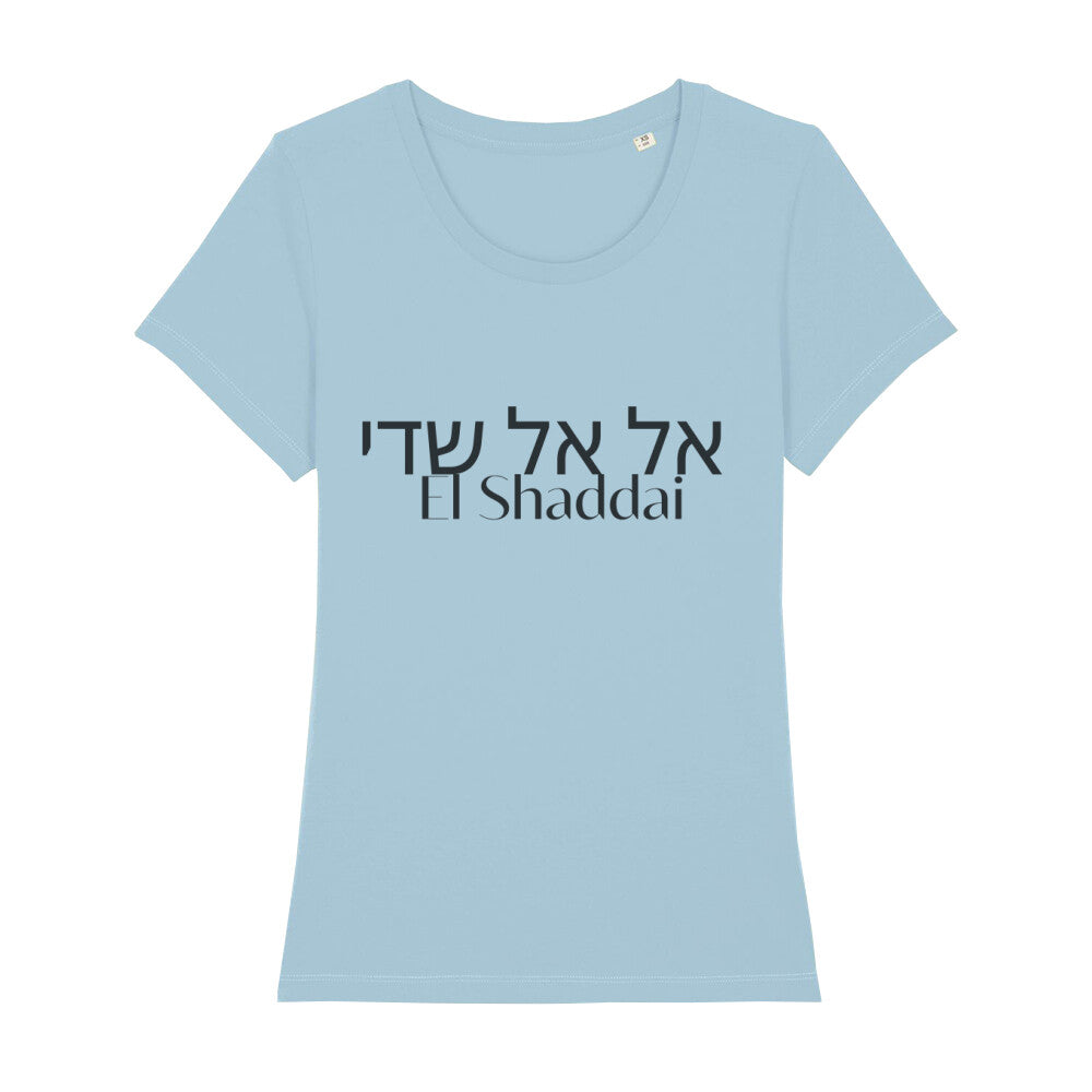 christliches T-Shirt mit einem Frauen-Schnitt in hellblau aus 100 % Bio-Baumwolle mittig auf der Brust "El Shaddai" und darüber El Shaddai in hebräisch. Erhältlich in den Größen XS bis XXL