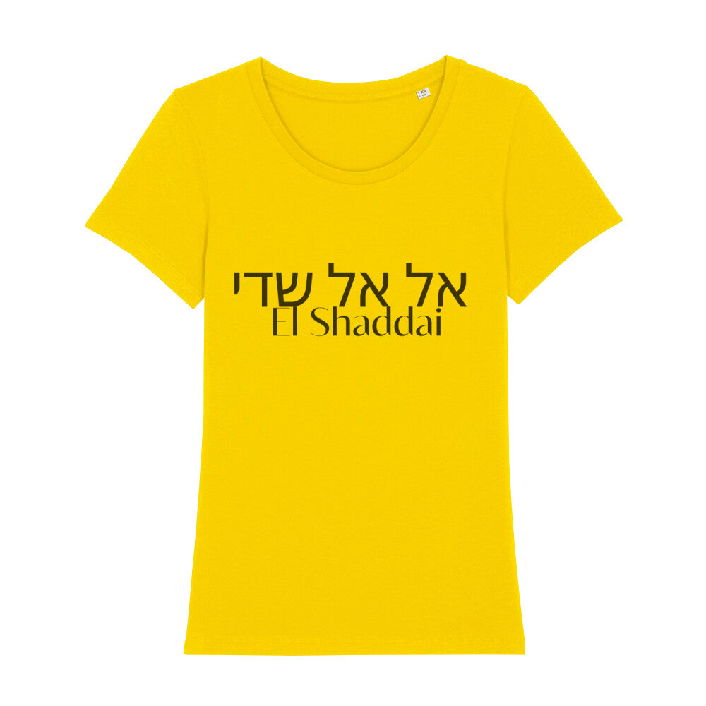 christliches T-Shirt mit einem Frauen-Schnitt in gelb aus 100 % Bio-Baumwolle mittig auf der Brust "El Shaddai" und darüber El Shaddai in hebräisch. Erhältlich in den Größen XS bis XXL