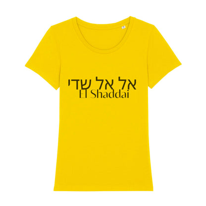 christliches T-Shirt mit einem Frauen-Schnitt in gelb aus 100 % Bio-Baumwolle mittig auf der Brust "El Shaddai" und darüber El Shaddai in hebräisch. Erhältlich in den Größen XS bis XXL