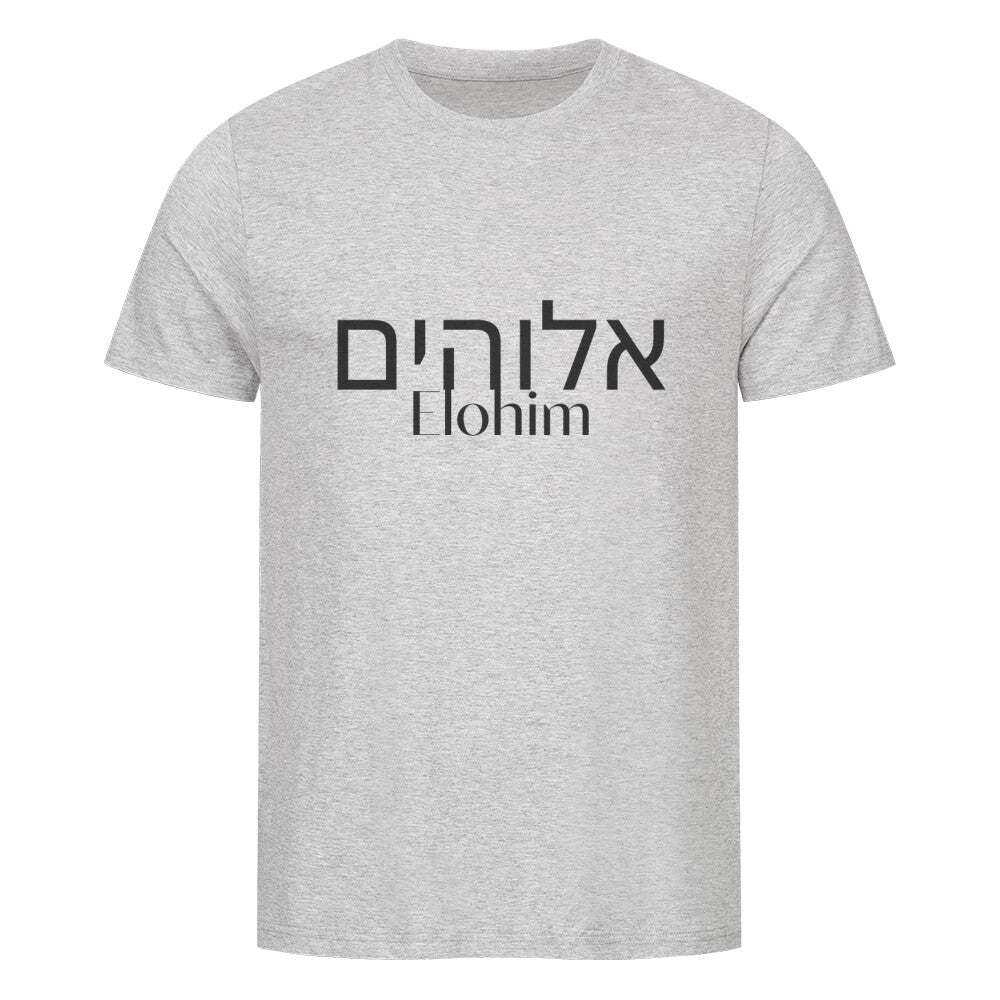 christliches T-Shirt mit einem Unisex-Schnitt in grau aus 100 % Bio-Baumwolle auf der Vorderseite mittig auf der Brust "Elohim" und darüber Elohim in hebräisch. Erhältlich in den Größen S bis XXL