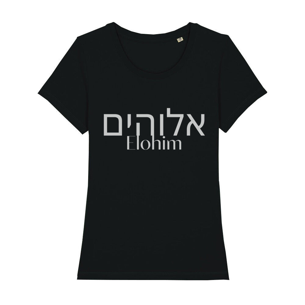 christliches T-Shirt mit einem Frauen-Schnitt in schwarz aus 100 % Bio-Baumwolle mittig auf der Brust "Elohim" und darüber Elohim in hebräisch. Erhältlich in den Größen XS bis XXL