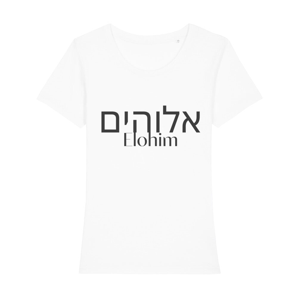 christliches T-Shirt mit einem Frauen-Schnitt in weiß aus 100 % Bio-Baumwolle mittig auf der Brust "Elohim" und darüber Elohim in hebräisch. Erhältlich in den Größen XS bis XXL