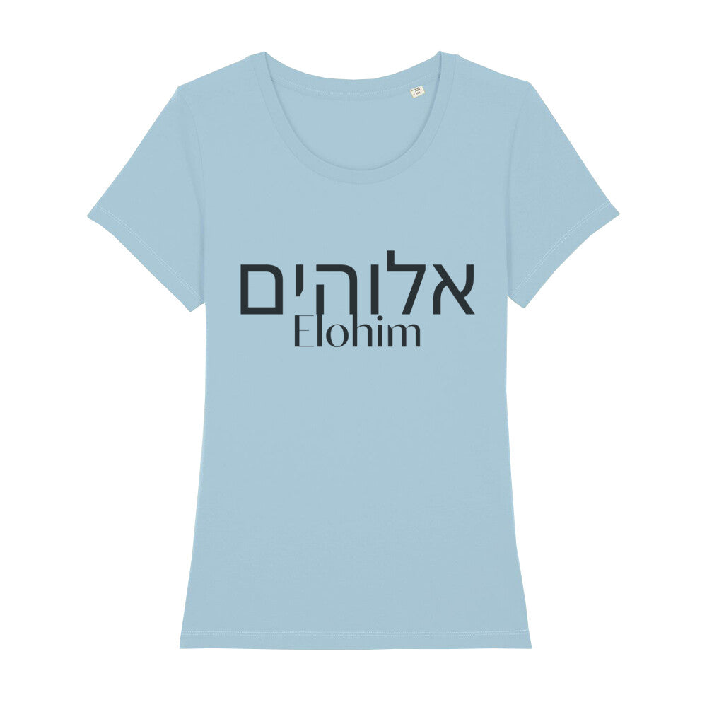 christliches T-Shirt mit einem Frauen-Schnitt in hellblau aus 100 % Bio-Baumwolle mittig auf der Brust "Elohim" und darüber Elohim in hebräisch. Erhältlich in den Größen XS bis XXL