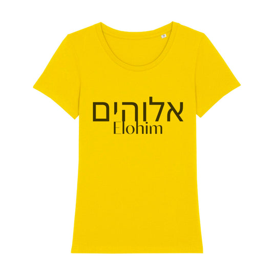 christliches T-Shirt mit einem Frauen-Schnitt in gelb aus 100 % Bio-Baumwolle mittig auf der Brust "Elohim" und darüber Elohim in hebräisch. Erhältlich in den Größen XS bis XXL