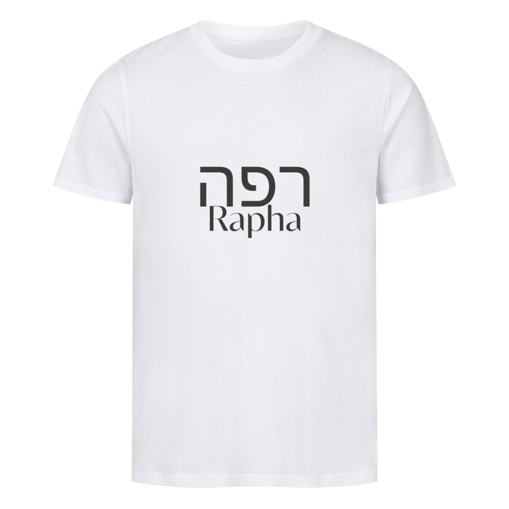 christliches T-Shirt mit einem Unisex-Schnitt in weiß aus 100 % Bio-Baumwolle auf der Vorderseite mittig auf der Brust "Rapha" und darüber Rapha in hebräisch. Erhältlich in den Größen S bis 4XL