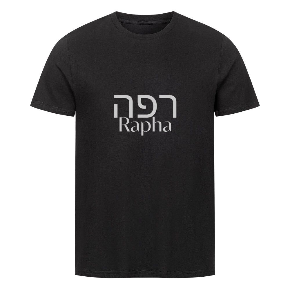 christliches T-Shirt mit einem Unisex-Schnitt in schwarz aus 100 % Bio-Baumwolle auf der Vorderseite mittig auf der Brust "Rapha" und darüber Rapha in hebräisch. Erhältlich in den Größen S bis 4XL