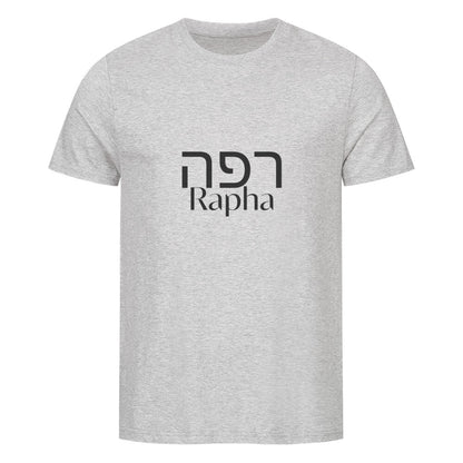 christliches T-Shirt mit einem Unisex-Schnitt in grau aus 100 % Bio-Baumwolle auf der Vorderseite mittig auf der Brust "Rapha" und darüber Rapha in hebräisch. Erhältlich in den Größen S bis XXL