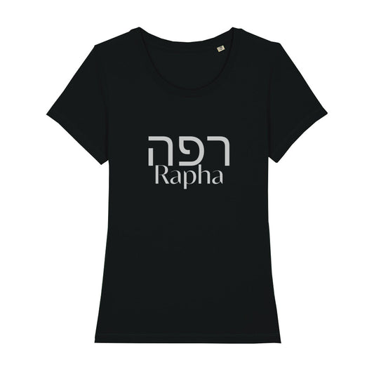 christliches T-Shirt mit einem Frauen-Schnitt in schwarz aus 100 % Bio-Baumwolle mittig auf der Brust "Rapha" und darüber Rapha in hebräisch. Erhältlich in den Größen XS bis XXL