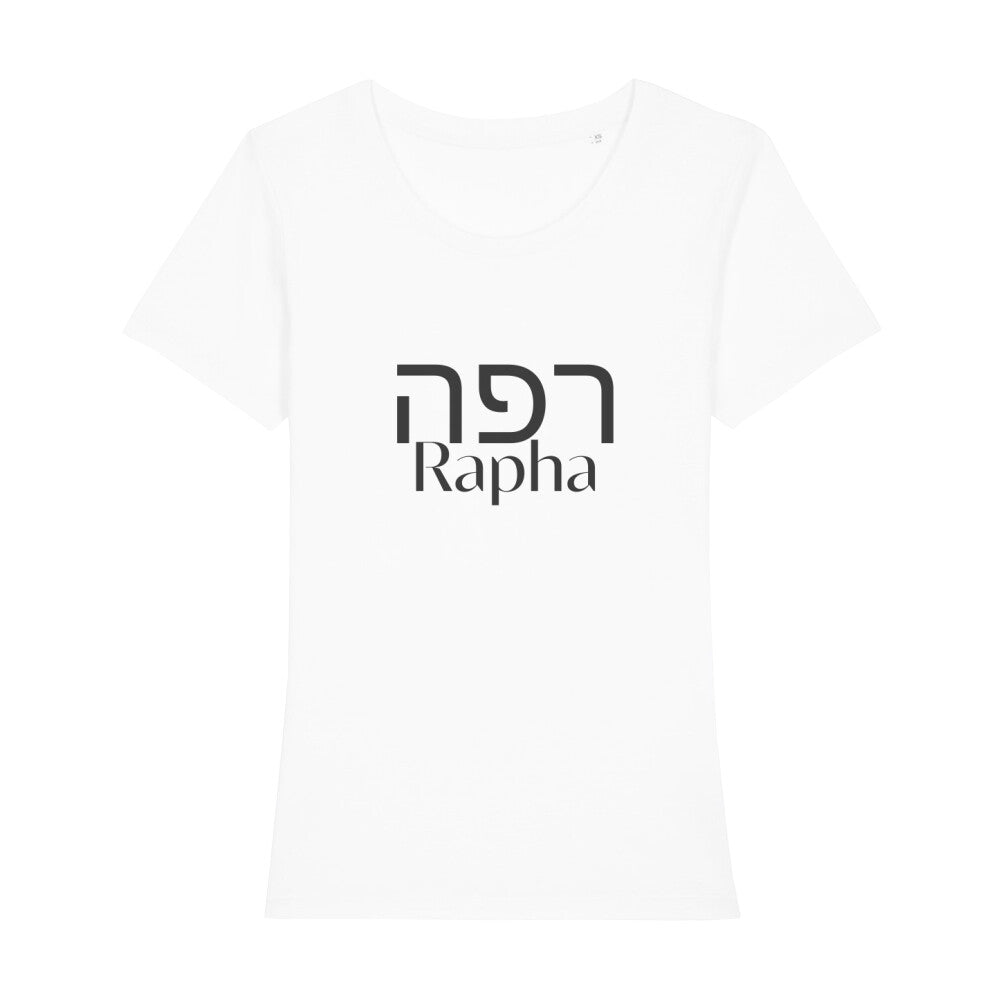 christliches T-Shirt mit einem Frauen-Schnitt in weiß aus 100 % Bio-Baumwolle mittig auf der Brust "Rapha" und darüber Rapha in hebräisch. Erhältlich in den Größen XS bis XXL