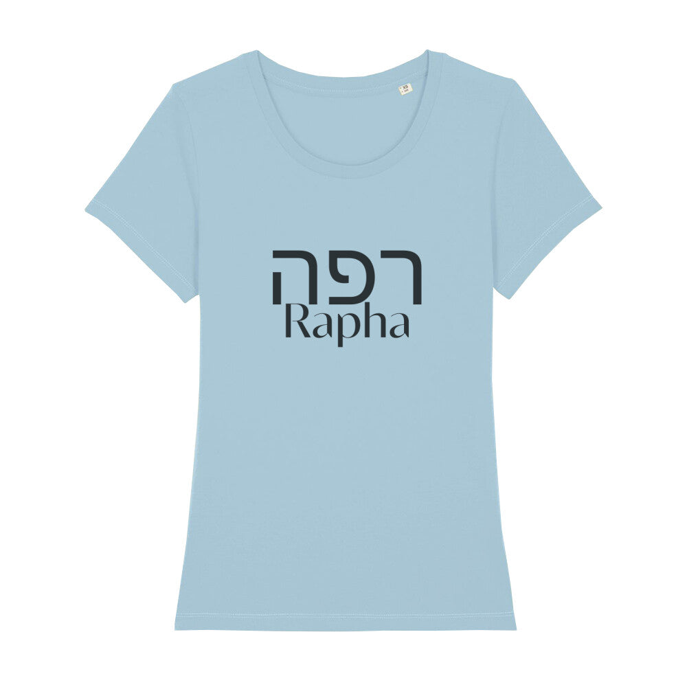 christliches T-Shirt mit einem Frauen-Schnitt in hellblau aus 100 % Bio-Baumwolle mittig auf der Brust "Rapha" und darüber Rapha in hebräisch. Erhältlich in den Größen XS bis XXL