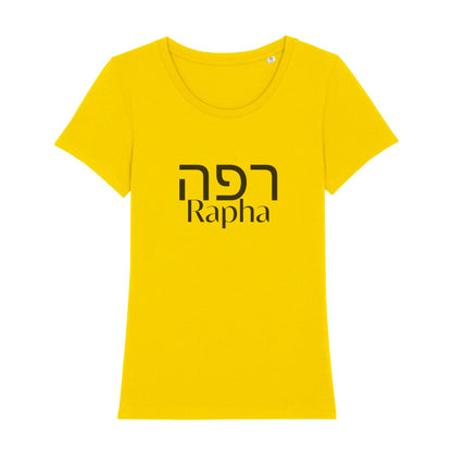 christliches T-Shirt mit einem Frauen-Schnitt in gelb aus 100 % Bio-Baumwolle mittig auf der Brust "Rapha" und darüber Rapha in hebräisch. Erhältlich in den Größen XS bis XXL