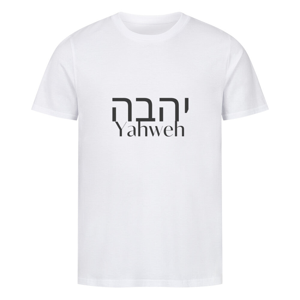 christliches T-Shirt mit einem Unisex-Schnitt in weiß aus 100 % Bio-Baumwolle auf der Vorderseite mittig auf der Brust "Yahweh" und darüber Yahweh in hebräisch. Erhältlich in den Größen S bis 4XL