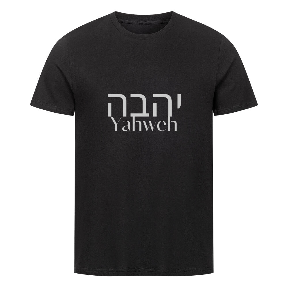 christliches T-Shirt mit einem Unisex-Schnitt in schwarz aus 100 % Bio-Baumwolle auf der Vorderseite mittig auf der Brust "Yahweh" und darüber Yahweh in hebräisch. Erhältlich in den Größen S bis 4XL