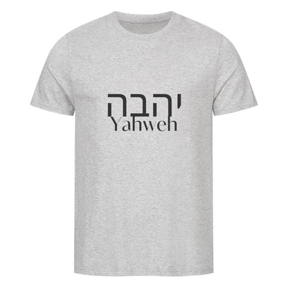 christliches T-Shirt mit einem Unisex-Schnitt in grau aus 100 % Bio-Baumwolle auf der Vorderseite mittig auf der Brust "Yahweh" und darüber Yahweh in hebräisch. Erhältlich in den Größen S bis XXL