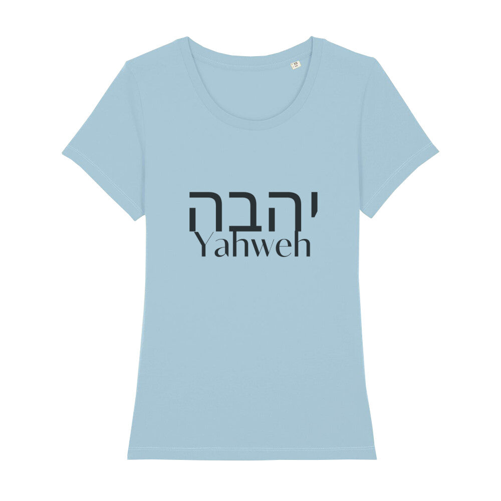 christliches T-Shirt mit einem Frauen-Schnitt in hellblau aus 100 % Bio-Baumwolle mittig auf der Brust "Yahweh" und darüber Yahweh in hebräisch. Erhältlich in den Größen XS bis XXL