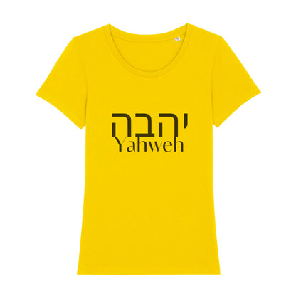 christliches T-Shirt mit einem Frauen-Schnitt in gelb aus 100 % Bio-Baumwolle mittig auf der Brust "Yahweh" und darüber Yahweh in hebräisch. Erhältlich in den Größen XS bis XXL