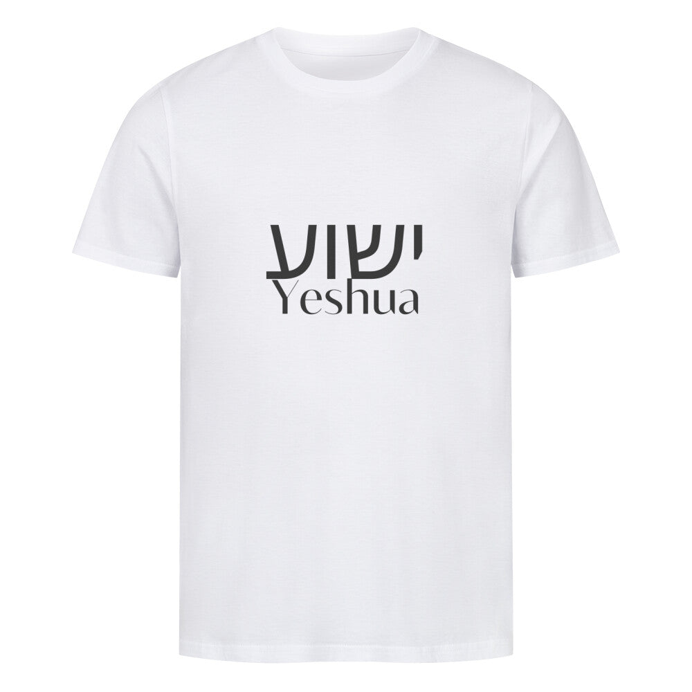 christliches T-Shirt mit einem Unisex-Schnitt in weiß aus 100 % Bio-Baumwolle auf der Vorderseite mittig auf der Brust "Yeshua" und darüber Yeshua in hebräisch. Erhältlich in den Größen S bis 4XL