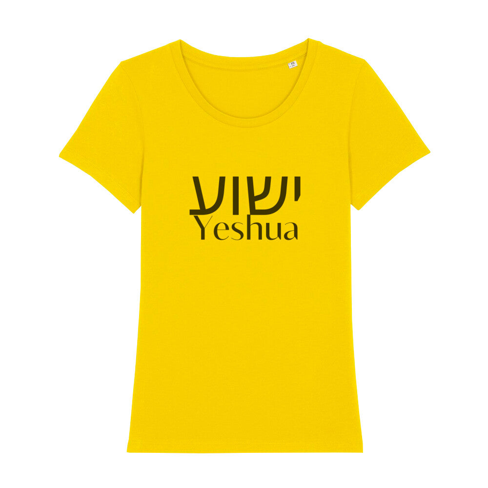 christliches T-Shirt mit einem Frauen-Schnitt in gelb aus 100 % Bio-Baumwolle mittig auf der Brust "Yeshua" und darüber Yeshua in hebräisch. Erhältlich in den Größen XS bis XXL