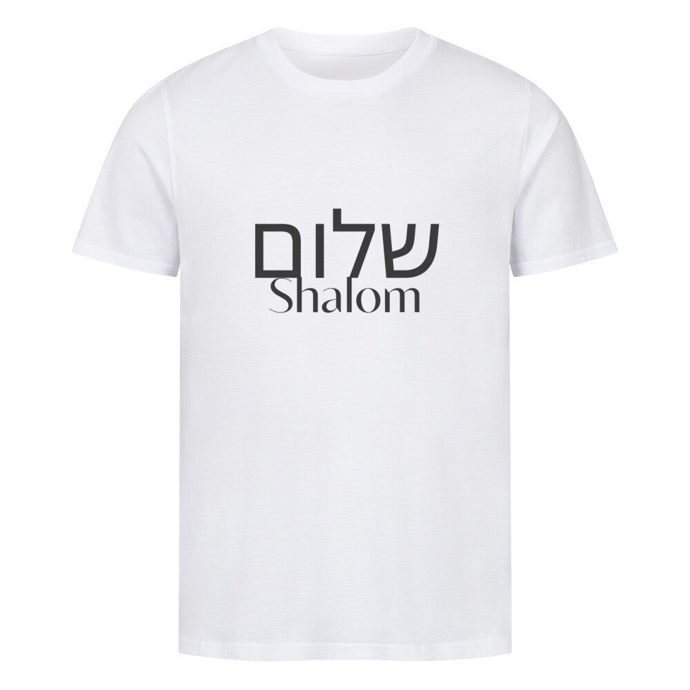 christliches T-Shirt mit einem Unisex-Schnitt in weiß aus 100 % Bio-Baumwolle auf der Vorderseite mittig auf der Brust "Shalom" und darüber Shalom in hebräisch. Erhältlich in den Größen S bis 4XL