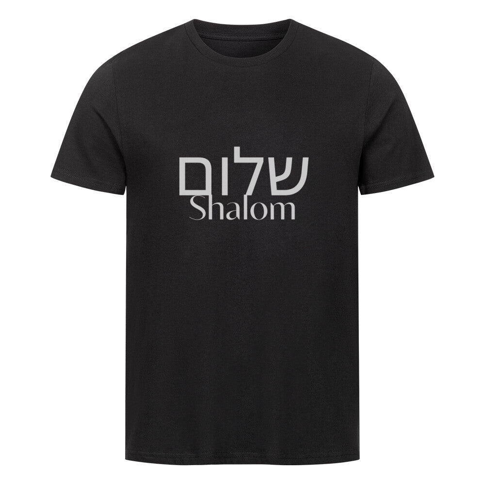 christliches T-Shirt mit einem Unisex-Schnitt in schwarz aus 100 % Bio-Baumwolle auf der Vorderseite mittig auf der Brust "Shalom" und darüber Shalom in hebräisch. Erhältlich in den Größen S bis 4XL