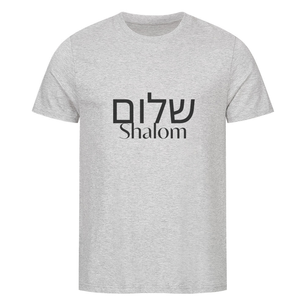 christliches T-Shirt mit einem Unisex-Schnitt in grau aus 100 % Bio-Baumwolle auf der Vorderseite mittig auf der Brust "Shalom" und darüber Shalom in hebräisch. Erhältlich in den Größen S bis XXL