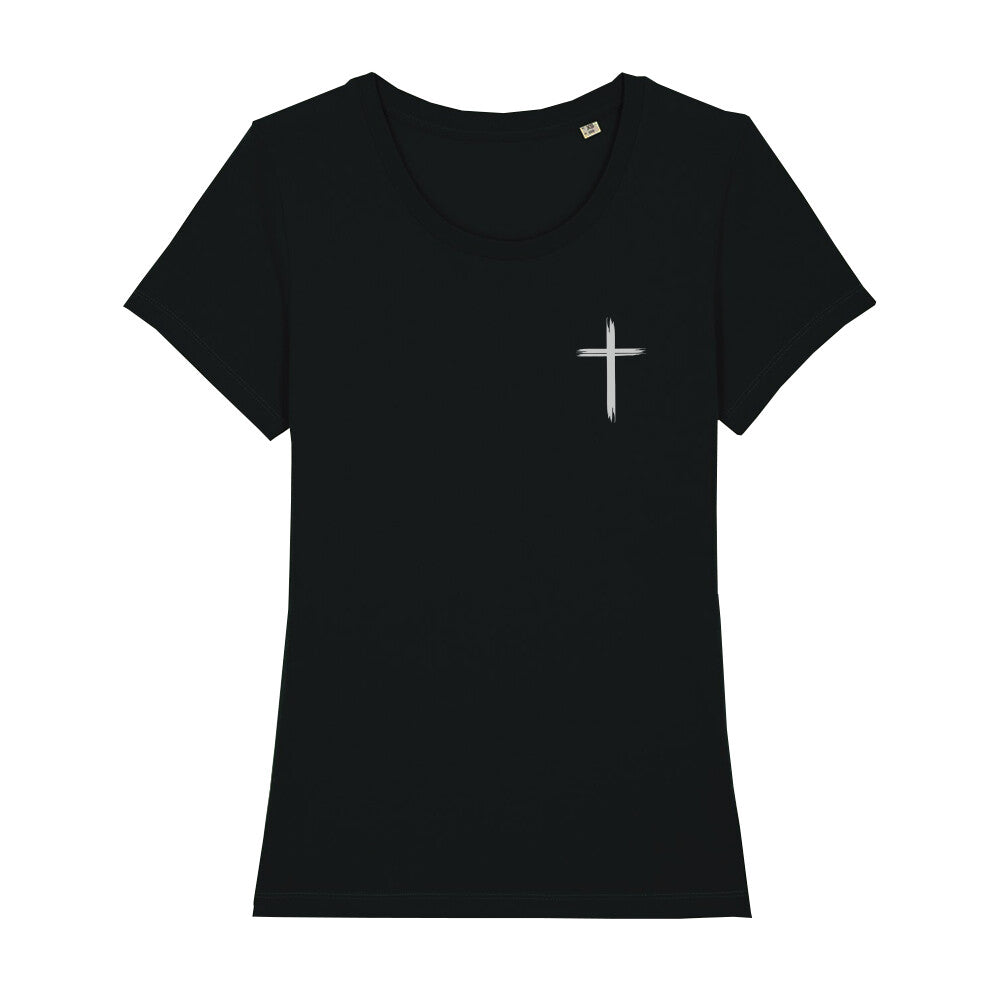 christliches T-Shirt mit einem Frauen-Schnitt in schwarz aus 100 % Bio-Baumwolle rechts auf der Brust ein Kreuz. Erhältlich in den Größen XS bis XXL