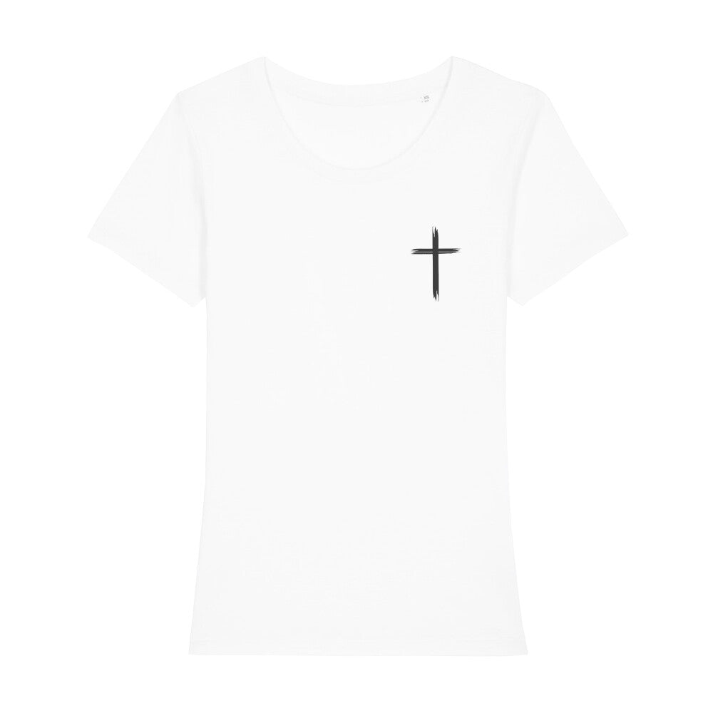 christliches T-Shirt mit einem Frauen-Schnitt in weiß aus 100 % Bio-Baumwolle rechts auf der Brust ein Kreuz. Erhältlich in den Größen XS bis XXL