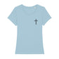 christliches T-Shirt mit einem Frauen-Schnitt in hellblau aus 100 % Bio-Baumwolle rechts auf der Brust ein Kreuz. Erhältlich in den Größen XS bis XXL