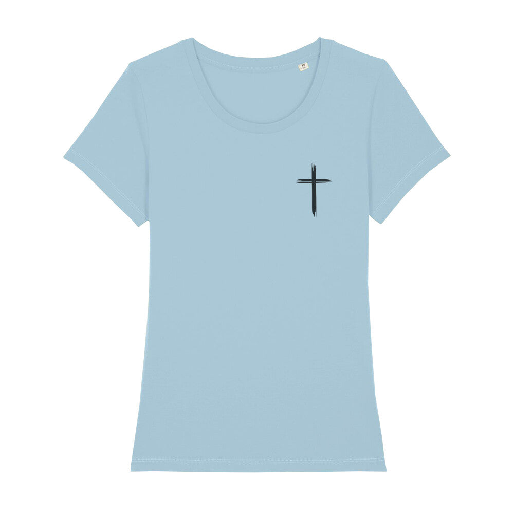 christliches T-Shirt mit einem Frauen-Schnitt in hellblau aus 100 % Bio-Baumwolle rechts auf der Brust ein Kreuz. Erhältlich in den Größen XS bis XXL