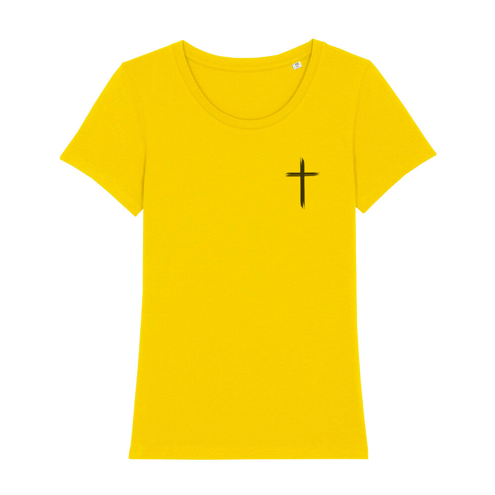 christliches T-Shirt mit einem Frauen-Schnitt in gelb aus 100 % Bio-Baumwolle rechts auf der Brust ein Kreuz. Erhältlich in den Größen XS bis XXL