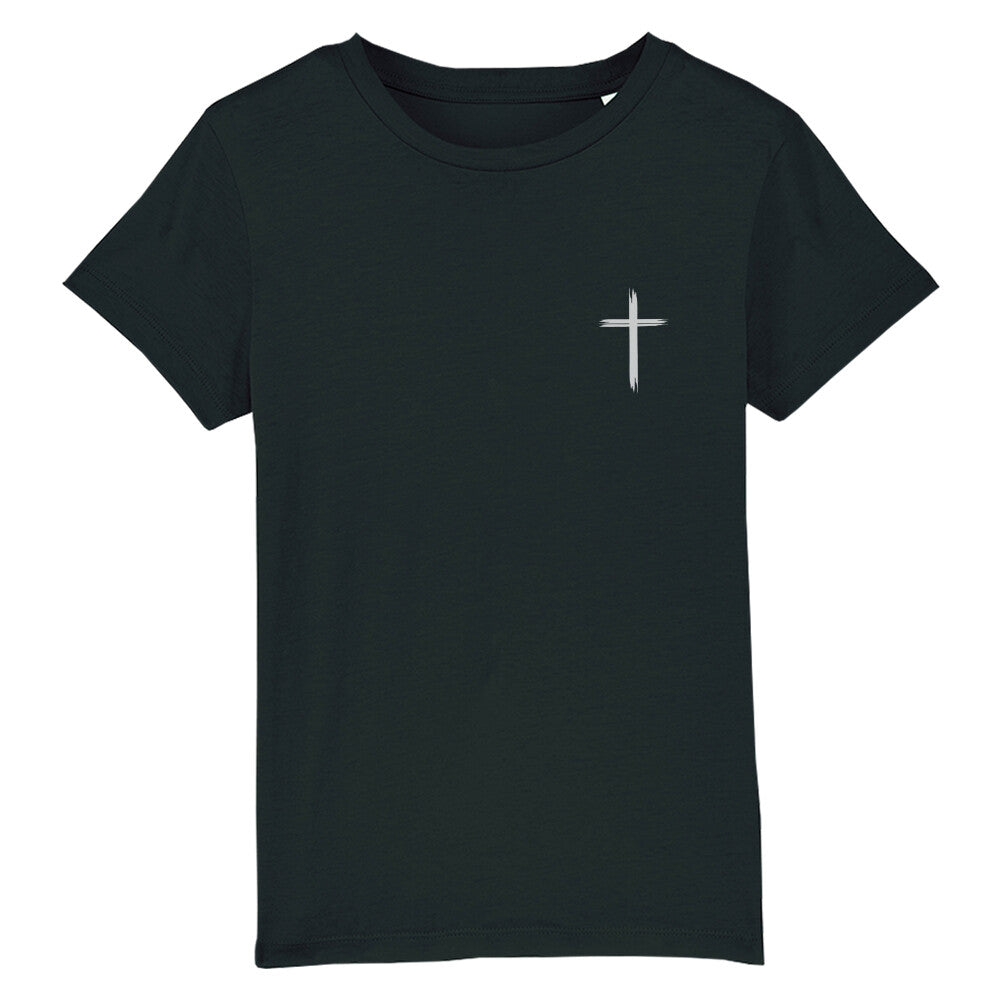 christliches T-Shirt für Kinder mit einem Unisex-Schnitt in schwarz aus 100 % Bio-Baumwolle rechts auf der Brust ein Kreuz. Erhältlich in den Größen 98/104 bis 152/164