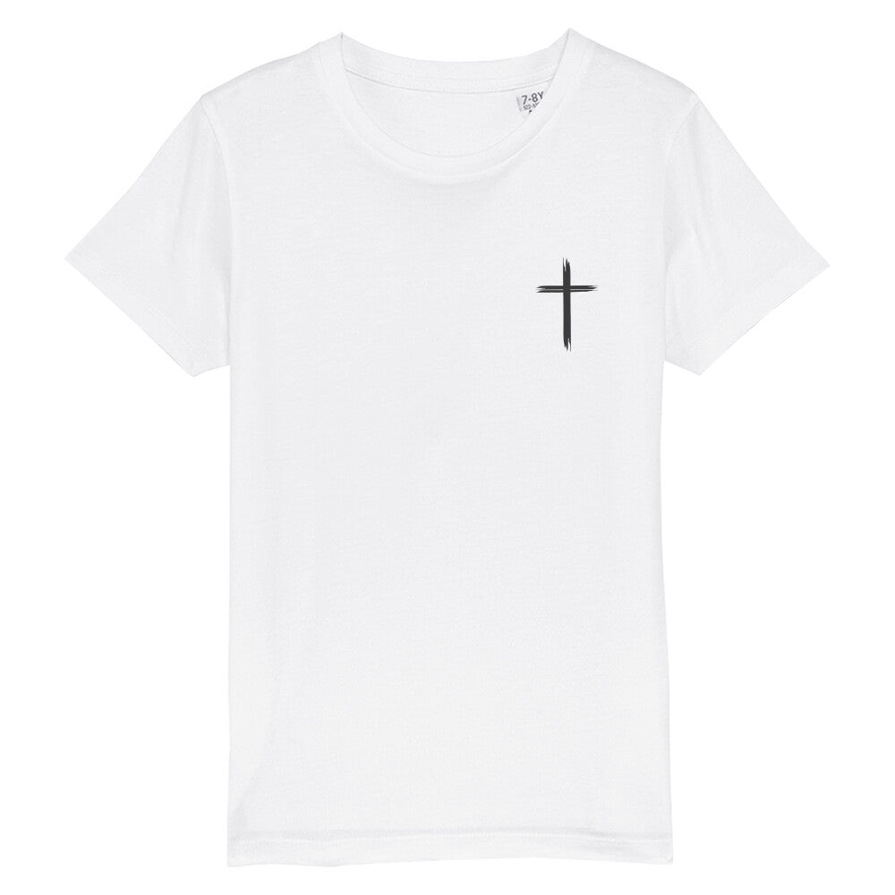 christliches T-Shirt für Kinder mit einem Unisex-Schnitt in weiß aus 100 % Bio-Baumwolle rechts auf der Brust ein Kreuz. Erhältlich in den Größen 98/104 bis 152/164