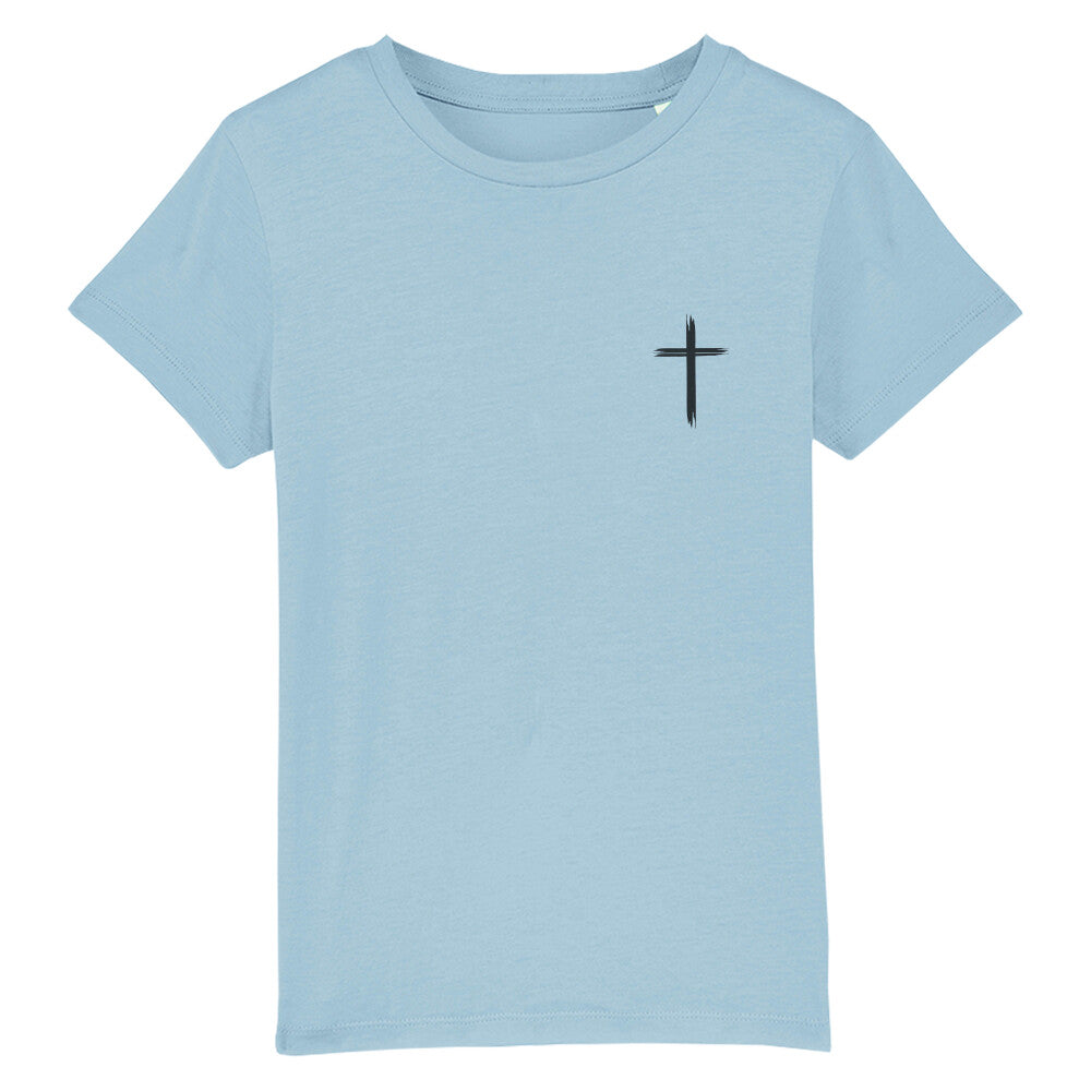 christliches T-Shirt für Kinder mit einem Unisex-Schnitt in hellblau aus 100 % Bio-Baumwolle rechts auf der Brust ein Kreuz. Erhältlich in den Größen 98/104 bis 152/164