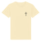 christliches T-Shirt für Kinder mit einem Unisex-Schnitt in hellgelb aus 100 % Bio-Baumwolle rechts auf der Brust ein Kreuz. Erhältlich in den Größen 98/104 bis 152/164