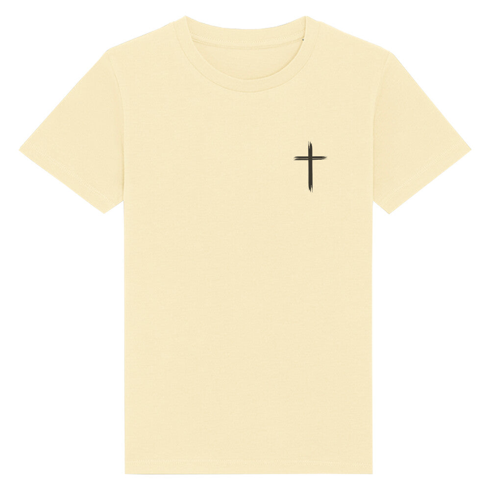 christliches T-Shirt für Kinder mit einem Unisex-Schnitt in hellgelb aus 100 % Bio-Baumwolle rechts auf der Brust ein Kreuz. Erhältlich in den Größen 98/104 bis 152/164